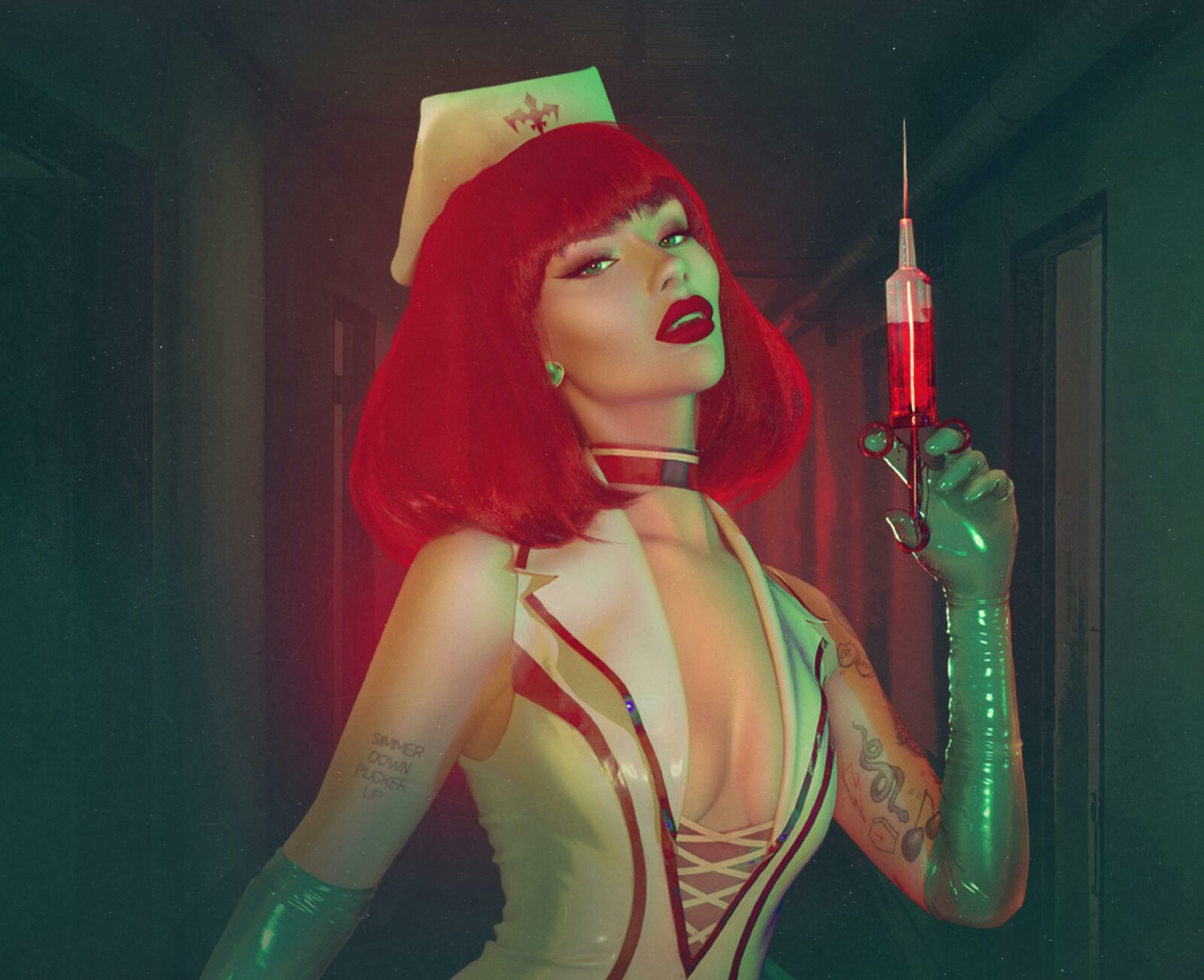 sexy red headed nurse brandishing syringe in dark hallway