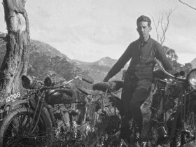 Stereographic photograph (detail) of HJ King with two Indian Motorcycles