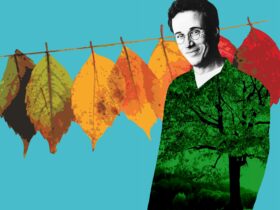 Autumn leaves on a clothes line with a man in glasses standing in front