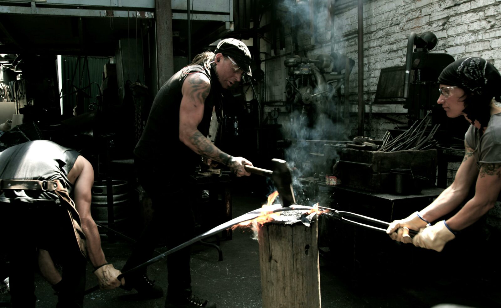 Artist blacksmith Pete Mattila at work in the forge.