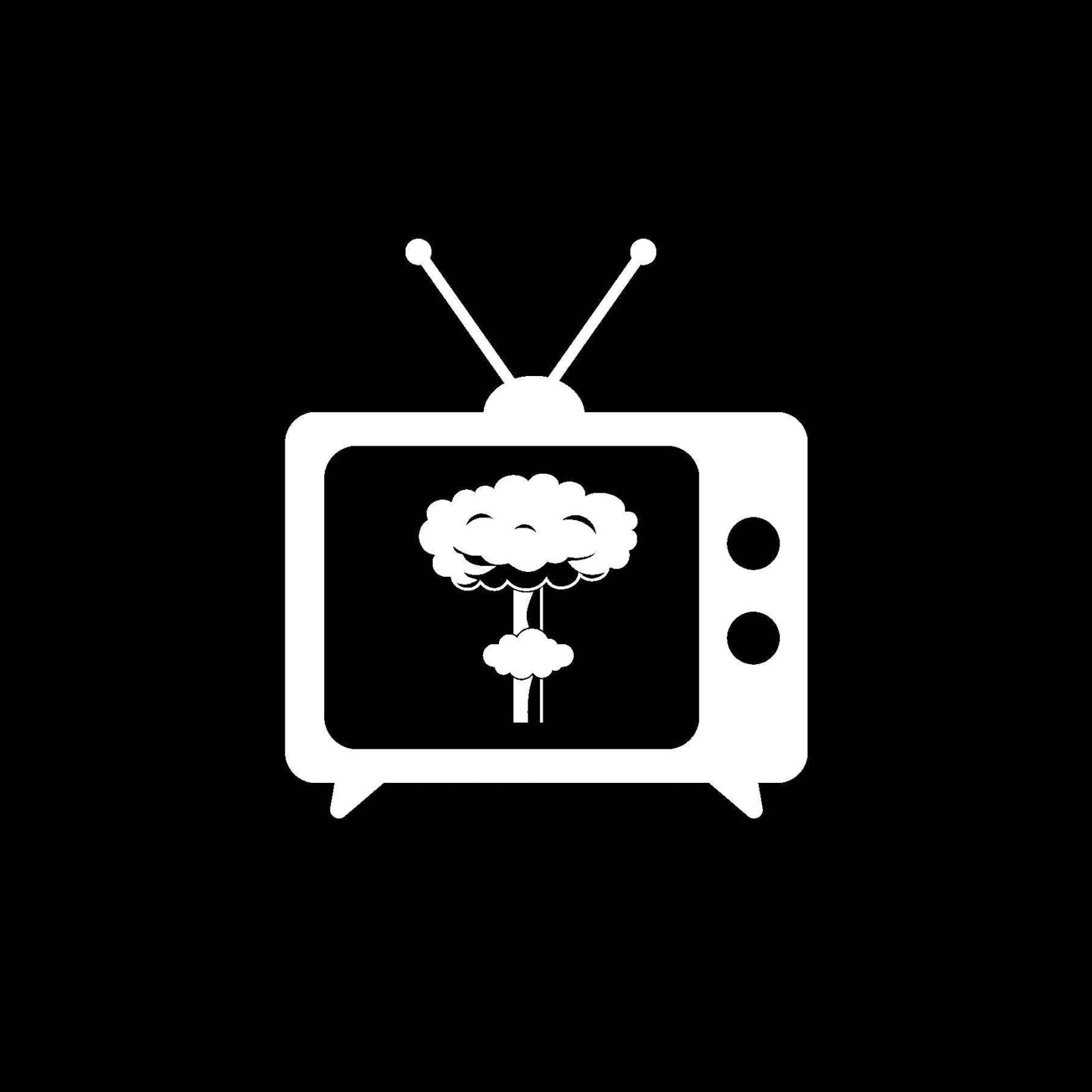 Image of black and white graphic from the Mind Blown publication showing a TV with a nuclear cloud