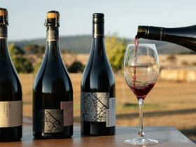 Westella Vineyard. Three bottles of Red wine - Noir - and the red wine is pouring into a wine glass.