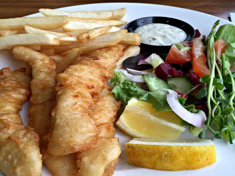 Flathead and chips with salad at Bayview Dining in the Dover RSL Club