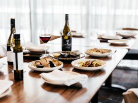 Food & wine displayed on dining table