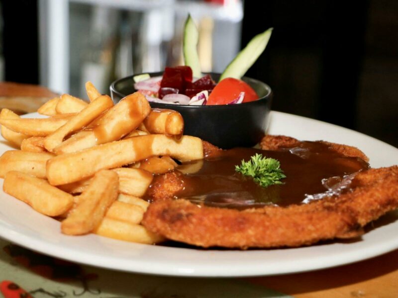 Chicken Schnitzel with chips and salad