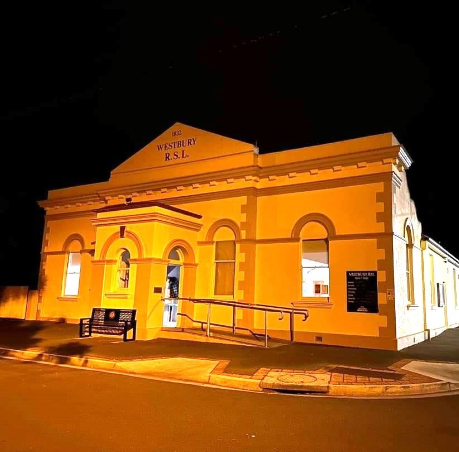 Historic Westbury RSL building front exterior at night