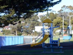 Park with trees and children's play equipment