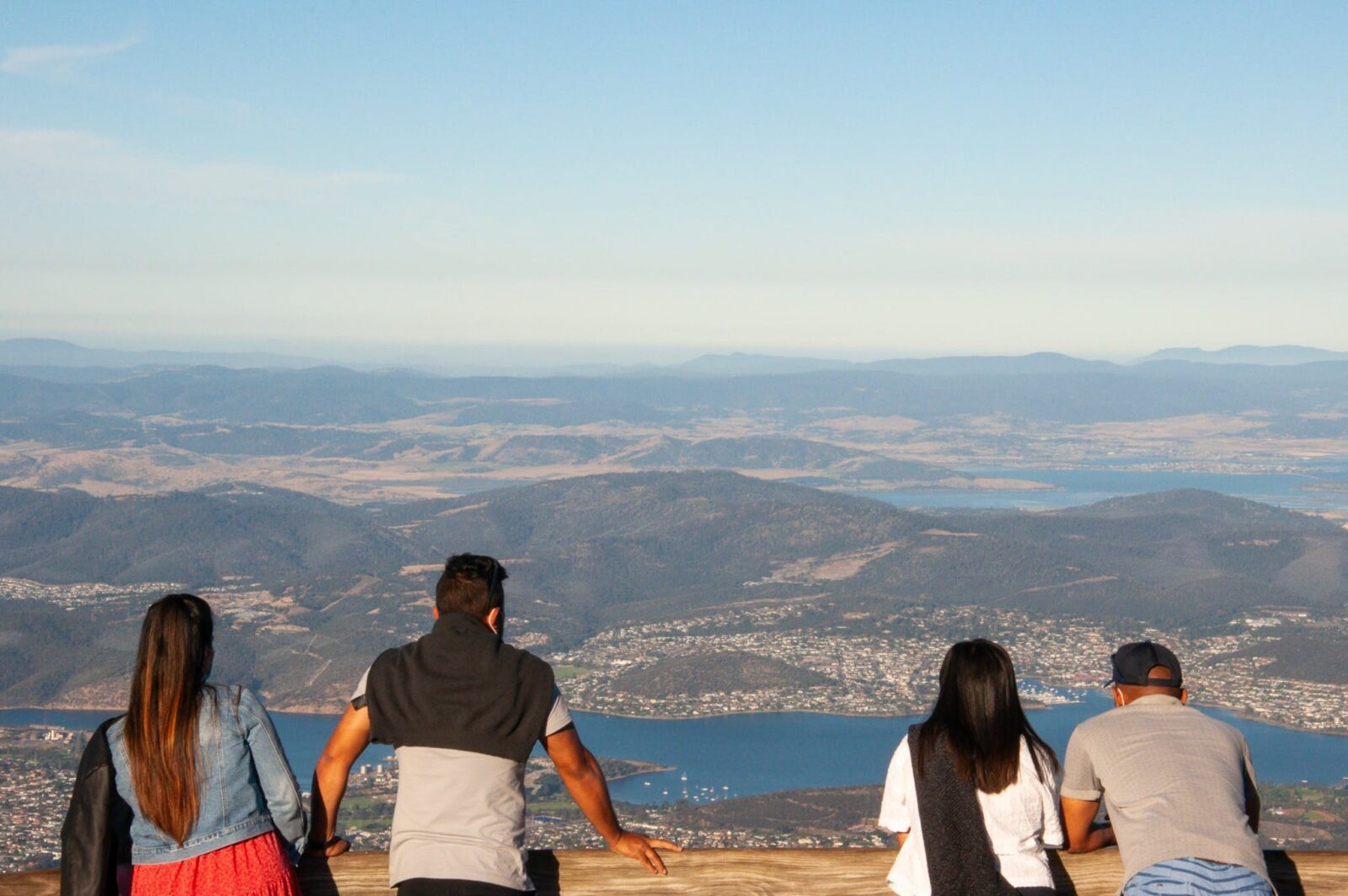 view from mt. Wellington pinnacle with visitors looking at view in foreground