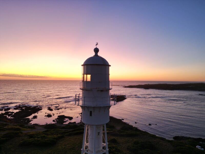 A view of Currie Lighthouse at dusk looking out to sea