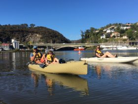 A family in a single and double kayak with the hills of Launceston in the Background