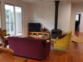 Living area with eclectic range of seating, enclosed wood heater, timber floors tv in corner