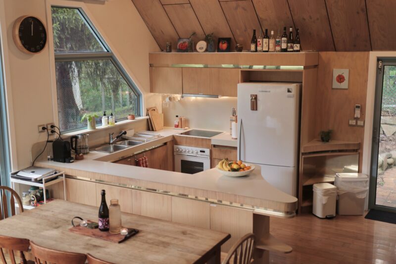 Architecturally designed Airbnb accommodation Sawmill Settlement Mt Buller open plan living kitchen