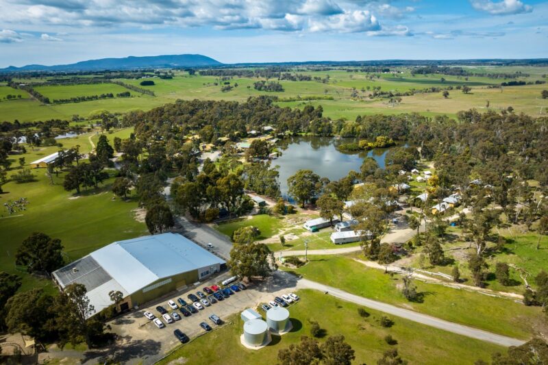 Aerial picture of PGL Campaspe Downs, showing buildings and lake