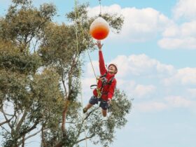 A boy jumping out to touch a target on the leap of faith at PGL Campaspe Downs