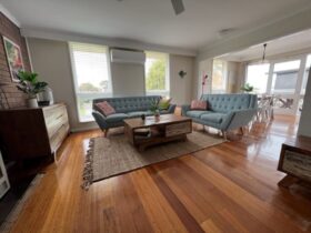 Lounge room with timber floors, rug and 2 couches opening up to meals area, surrounded by windows