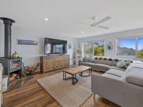 Image of large open plan upstairs living area with ceiling fan and enclosed wood heater, tv and sofa