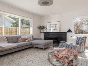 View of sun drenched lounge room with comfortable seating, woollen floor rug and fireplace