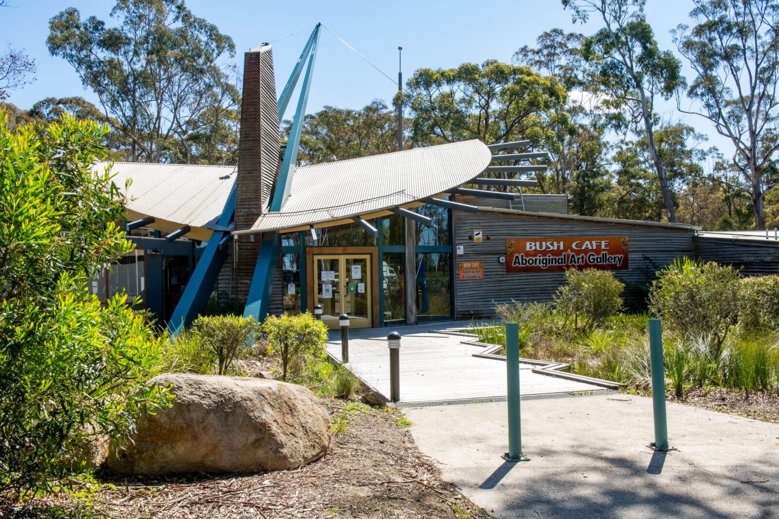 Exterior shot of the Aboriginal Art Gallery set in a bush setting in Kalimna West, East Gippsland