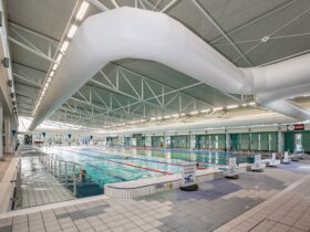 The 50 meter pool, with accessible ramp access