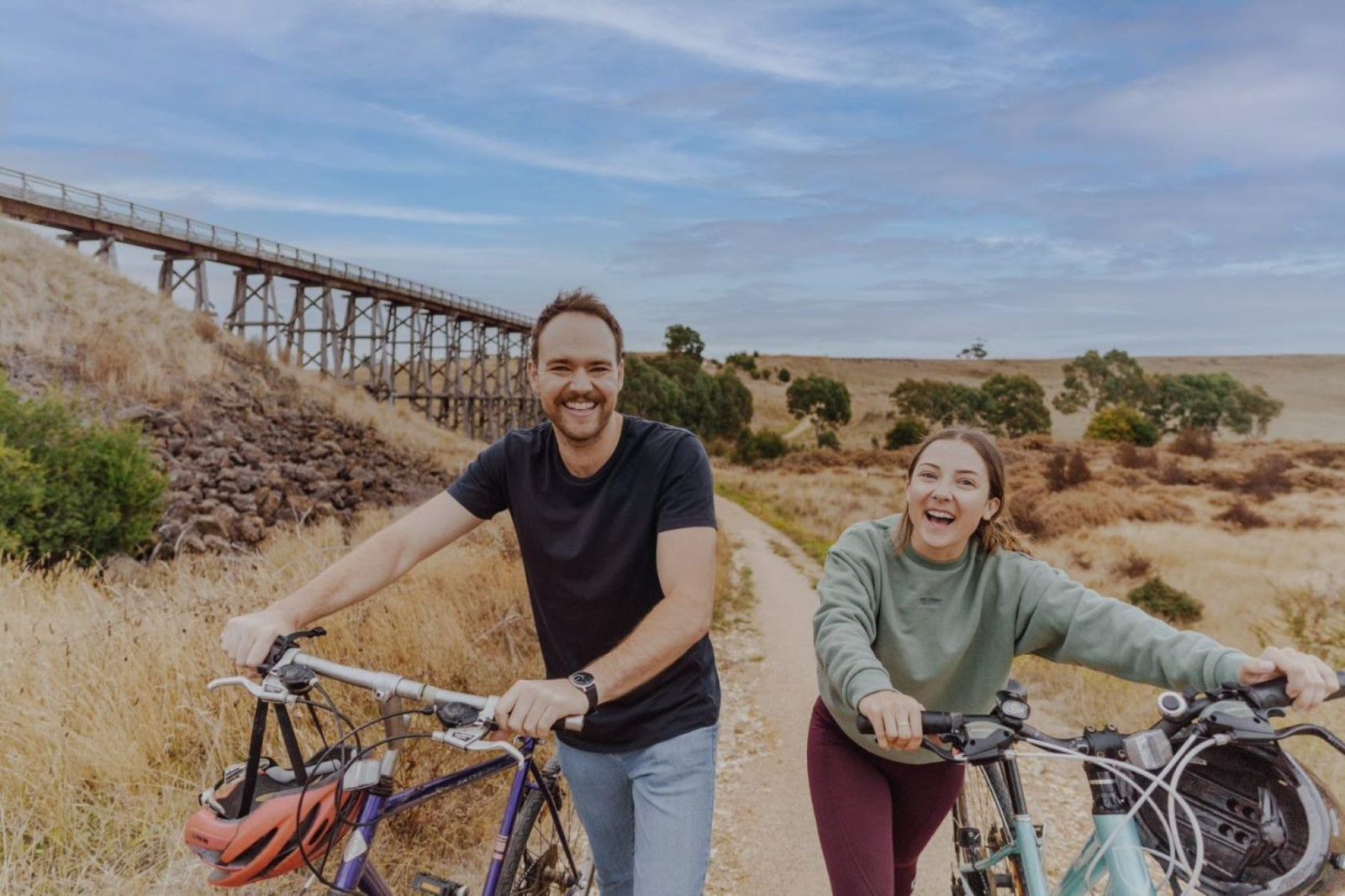 Two people cycling the Ballarat-Skipton Rail Trail