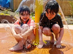 Two children enjoying themselves at the Benalla Splash Park