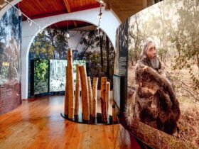 Image of exhibition showing Dja Dja Wurrung Elder Uncle Rick Nelson on a curved panel in foreground