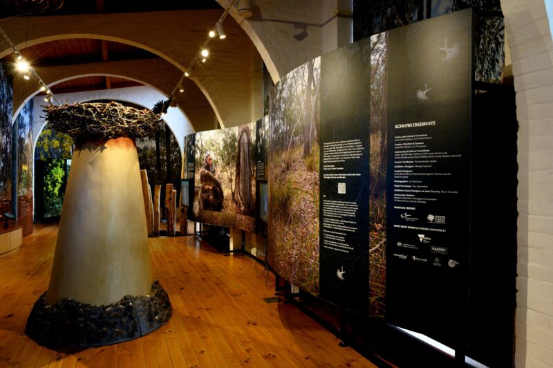Image of exhibition showing Dja Dja Wurrung artwork and information panels