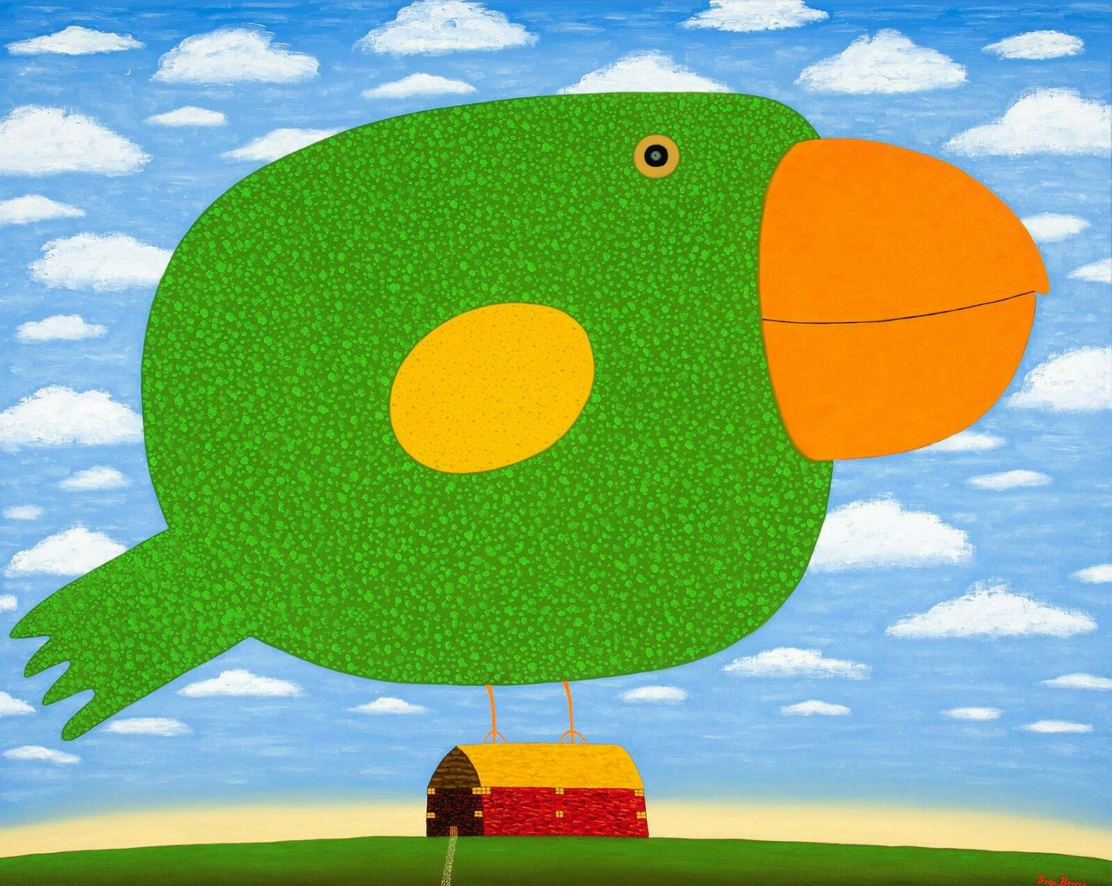 Big round stylised, flat painted lime bird. sitting on a tiny, red and yellow house.