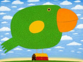 Big round stylised, flat painted lime bird. sitting on a tiny, red and yellow house.