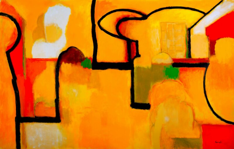 Large vibrant, yellow and red orange abstraction painting.