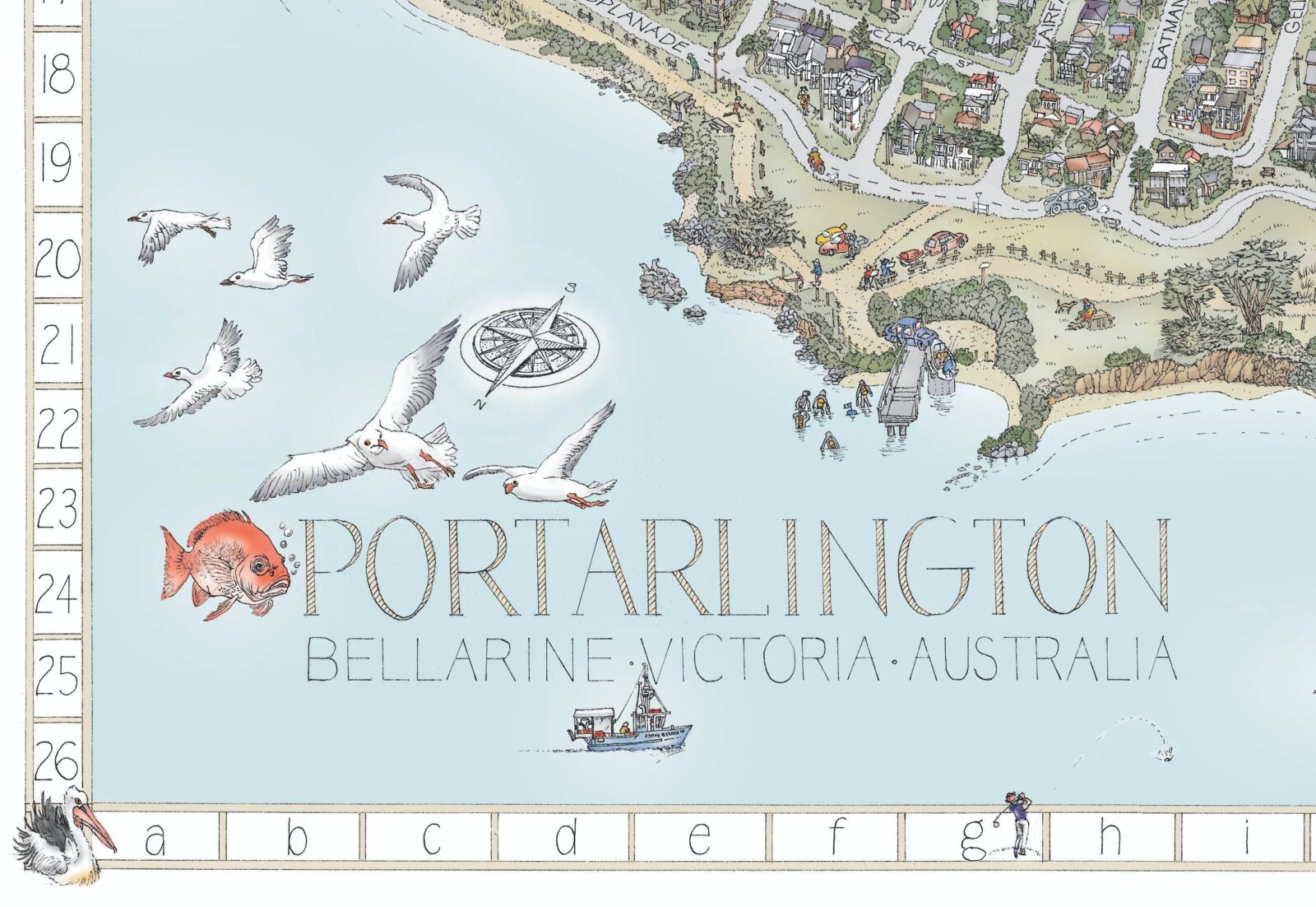 Bottom left corner of The Portarlington Map, featuring title, north sign, mussel boat and birds