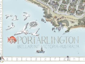 Bottom left corner of The Portarlington Map, featuring title, north sign, mussel boat and birds