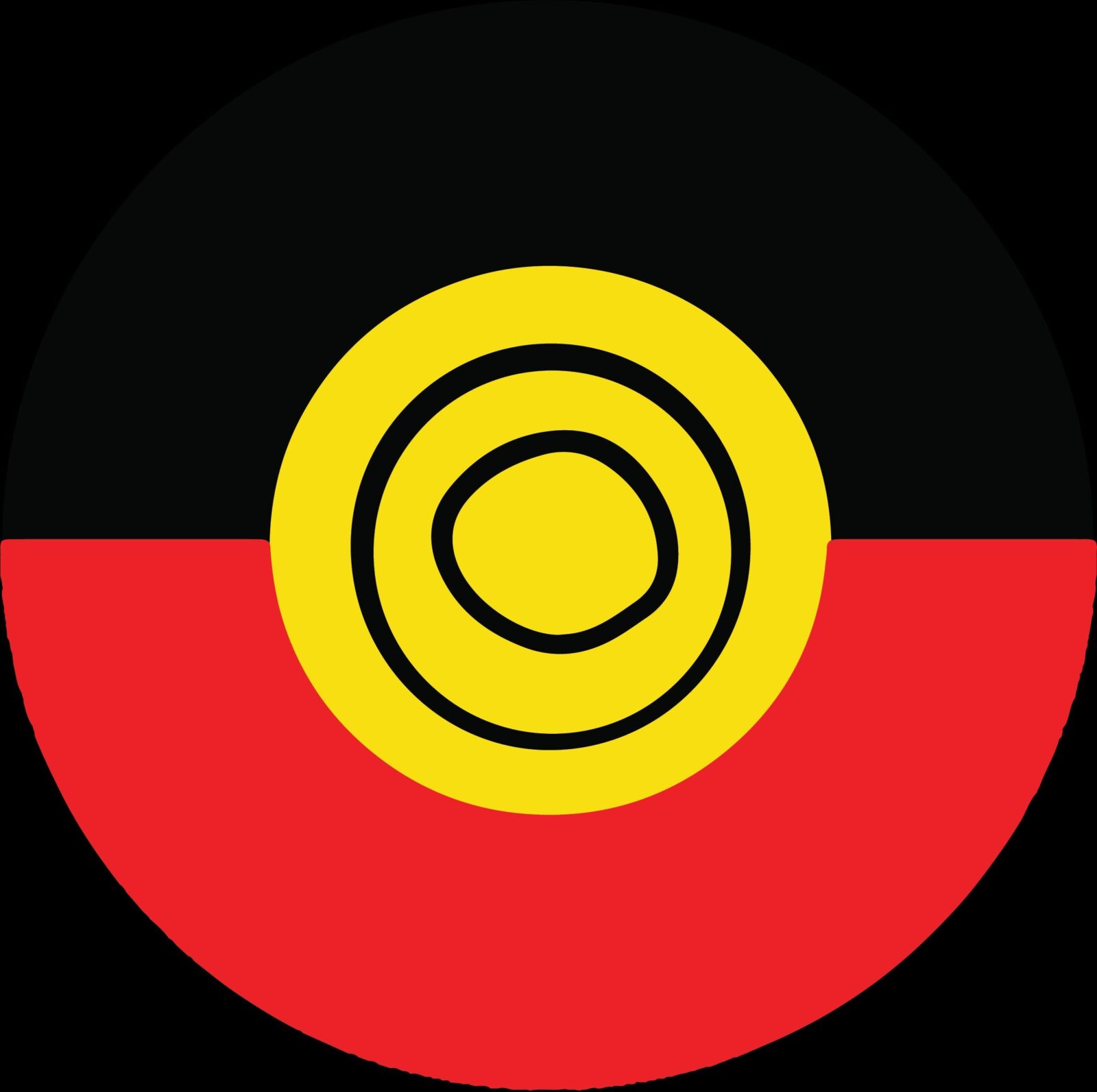 A circle logo with the top half in black, the bottom half in red and a yellow circle in the centre