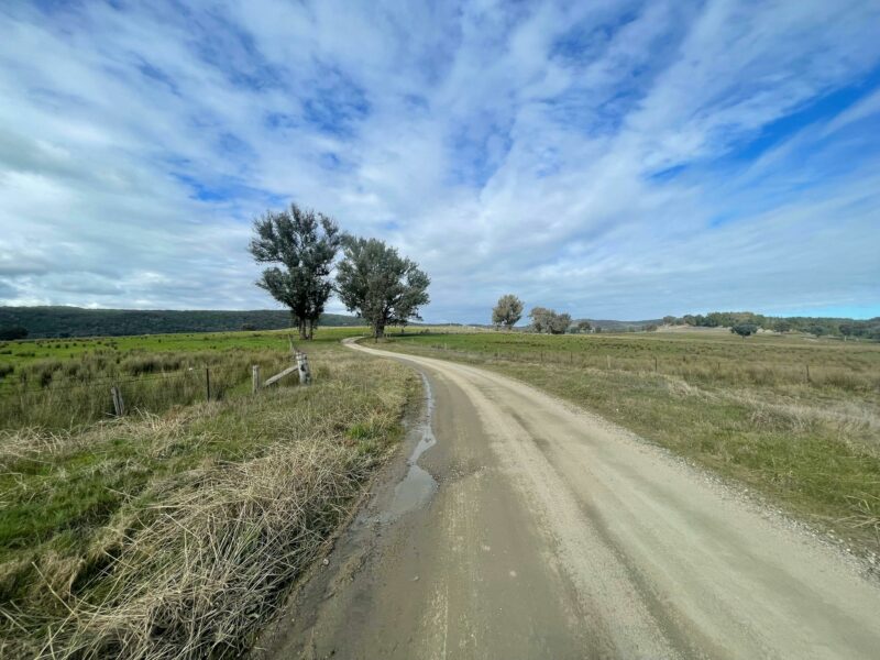 Gravel road with farms on either side trees in distance and blue sky with whispy clouds