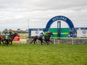 Horses crossing the winning line at Geelong Racing Club