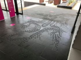 Goanna mural laser cut into the entry to the Ballarat Art Gallery from Police Lane