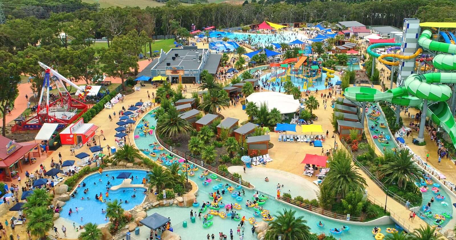 Gumbuya waterpark as seen from above with a birds eye view