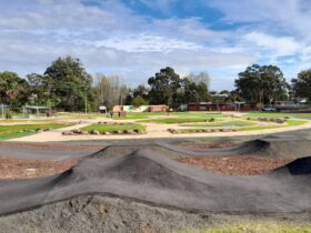 A view across a bitumen pump track, dirt learn to ride track and playground equipment