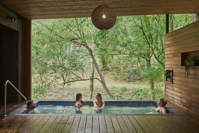 people sitting in a pool overlooking bushland
