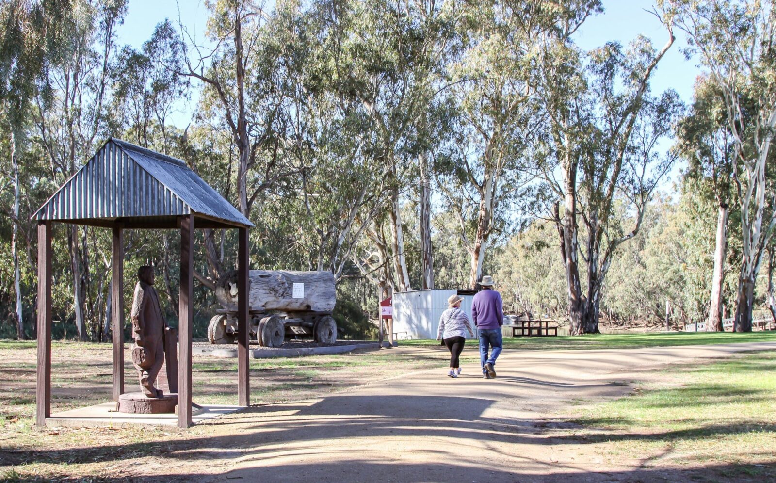 Couple walking past redgum carved statue