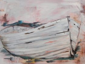 Weathered white boat. Acrylic paint on board 76 x 61cm.