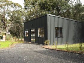 View it outside of gallery, black shed with windows in bush landscape