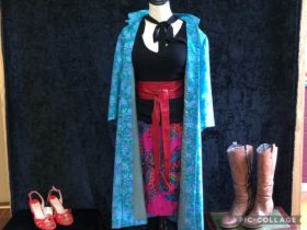 Stunning blue floral handmade, fully lined coat with vintage pink patterned silk skirt