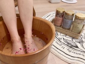 Foot bath with petals in water