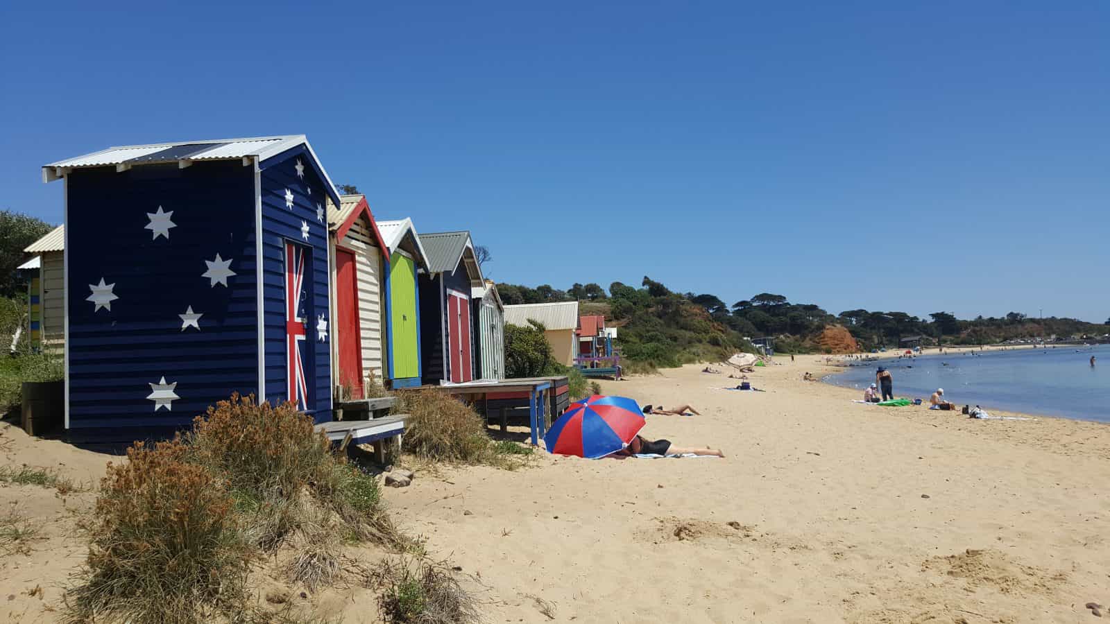 Colourful bathing boxes and safe swimming beach at Ahire Hall Beach Mornington
