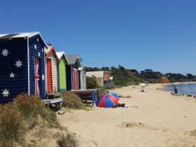 Colourful bathing boxes and safe swimming beach at Ahire Hall Beach Mornington