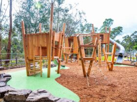 Playspace climbing frame with ropes bridge