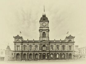 An photograph of the Ballarat Town Hall as it currently stands, presented as an aged image.