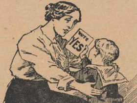 Child hands their mother a conscription flyer boasting 'Vote Yes'