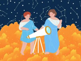A young boy and girl in ancient Greek dress stand by a telescope in front of a starry background